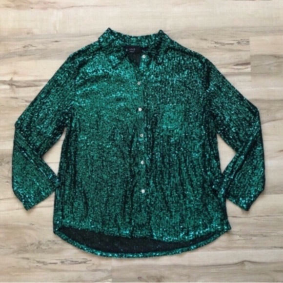 Vici Green Sequin Button Up Blouse - Picture 1 of 6